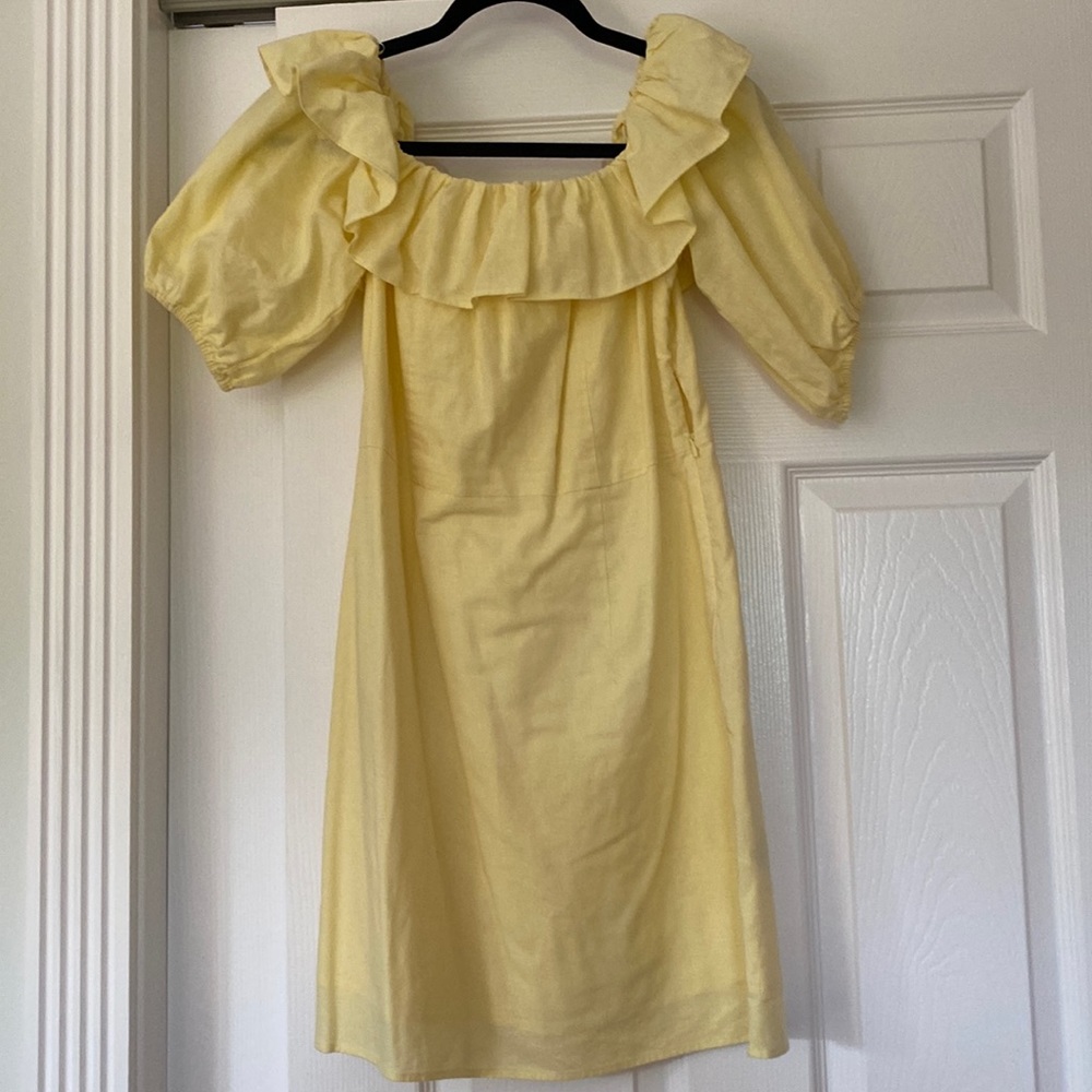 Yellow linen dress, off the shoulder